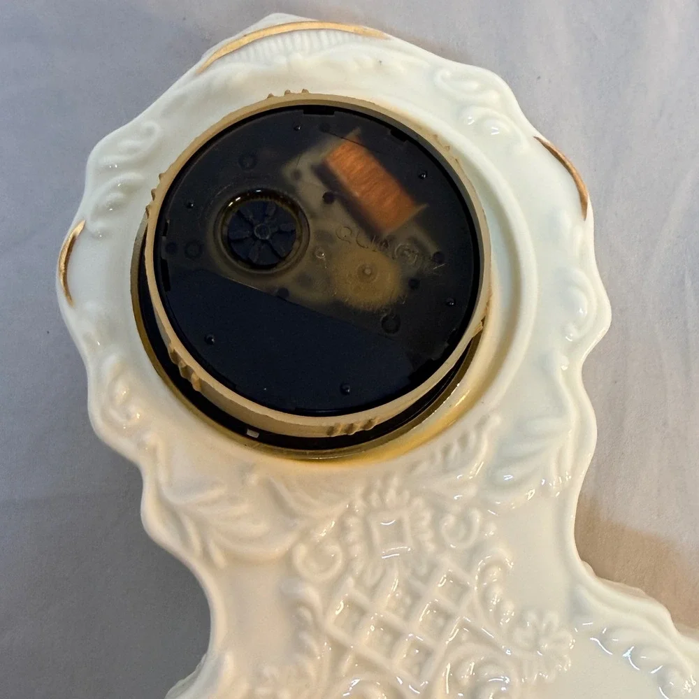 Formalities by Baum Bros Porcelain Mantel Clock Cream Gold Trim Roman Numerals